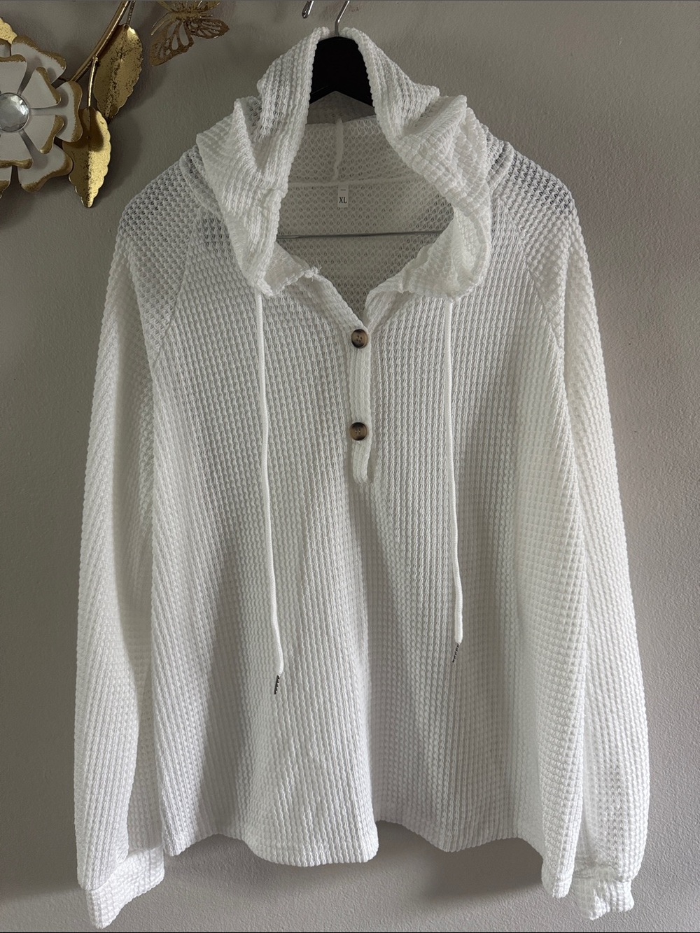 Women's White Hooded Waffle Knit Sweater